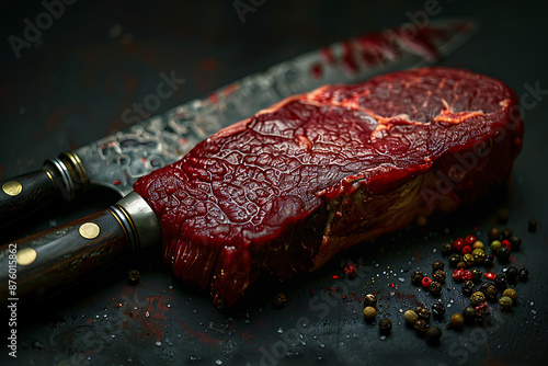 Expert Butcher Cuts Meat at Bloodred Table photo