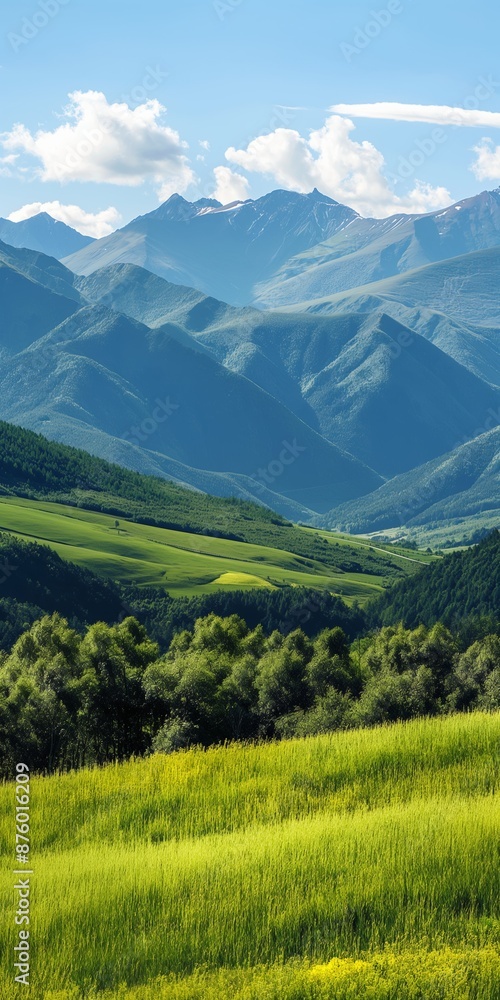 A panoramic rural landscape showcasing verdant pastures, towering mountains, and expansive fields.