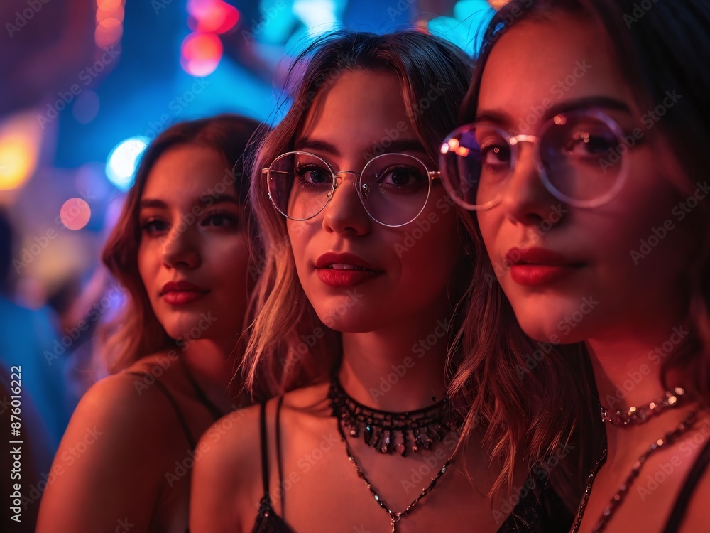 Three women at a nightclub in red lighting Three women at a nightclub in red lighting