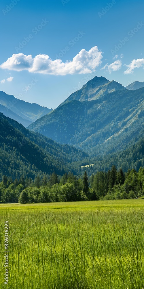 A scenic valley with verdant lawns, forested hills, and towering mountain peaks under a bright sky. A scenic valley with verdant lawns, forested hills, and towering mountain peaks under a bright sky.