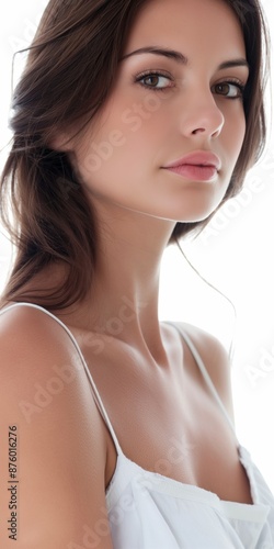 Rejuvenation and skincare, showcasing a model with flawless skin and a natural look.