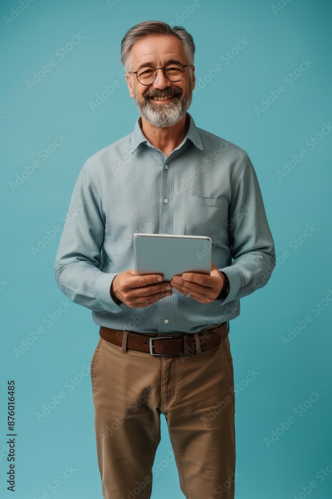 A cheerful businessman is holding a tablet, smiling, and posing confidently for a professional portrait. A cheerful businessman is holding a tablet, smiling, and posing confidently for a professional portrait.