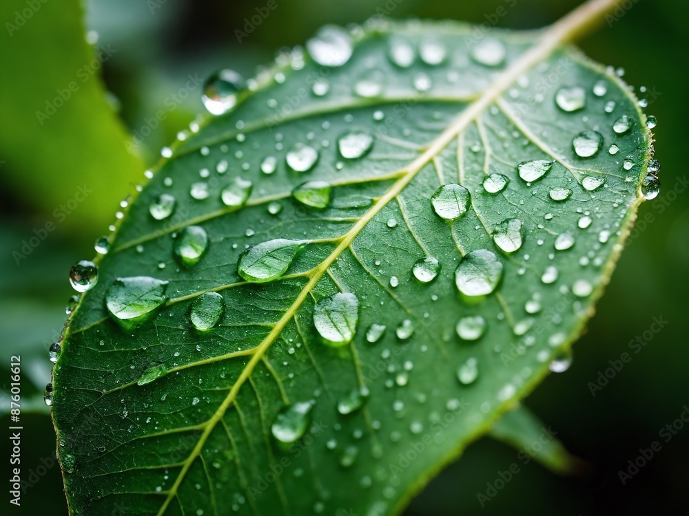 Close up of dew drops on a green leaf in a garden Close up of dew drops on a green leaf in a garden