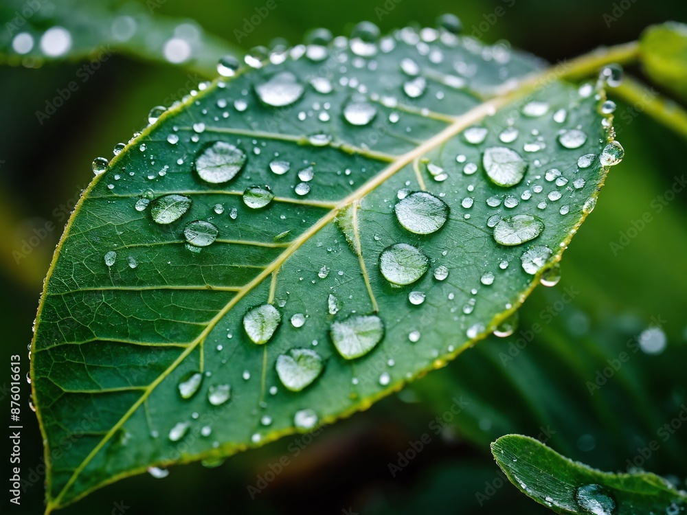 Close-up of dew-covered leaf in a green forest Close-up of dew-covered leaf in a green forest