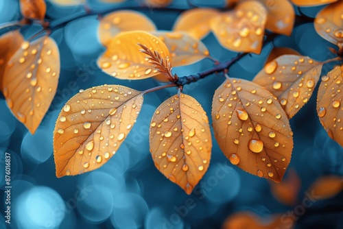 Close shot of orange leaves covered in water droplets with a contrasting blue bokeh background, highlighting nature’s intricate beauty and the serenity after the rain.