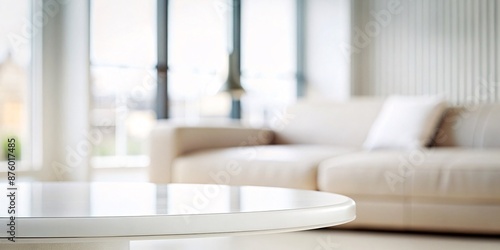 A soft-focus view of a stylish café interior, featuring a white round table in the foreground and a blurred background showcasing modern furniture, hanging lights, and patrons enjoying their time.