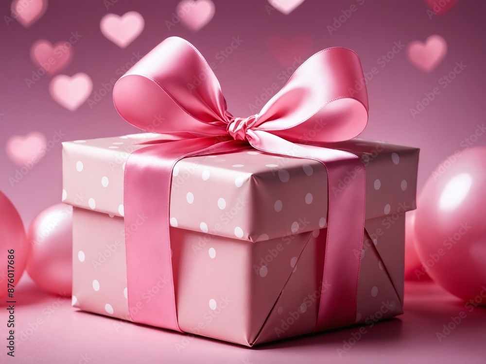 Obraz premium Pink gift box with bow and hearts