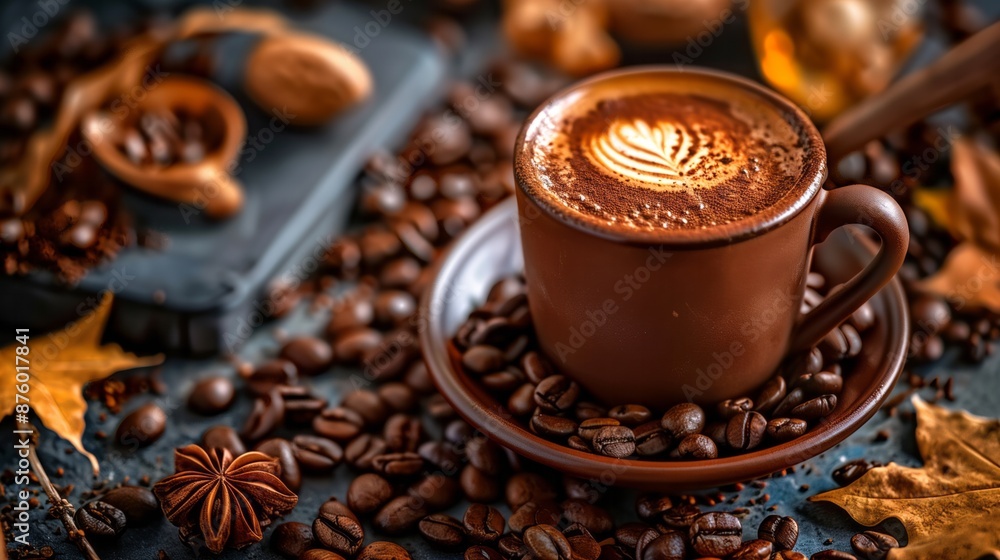 Coffee wallpaper: Cup of delicious aromatic coffee with beans on the table Coffee wallpaper: Cup of delicious aromatic coffee with beans on the table