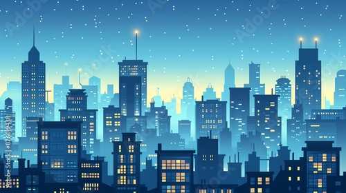 A cartoon-style illustration of a city skyline at night, with a starry sky.
