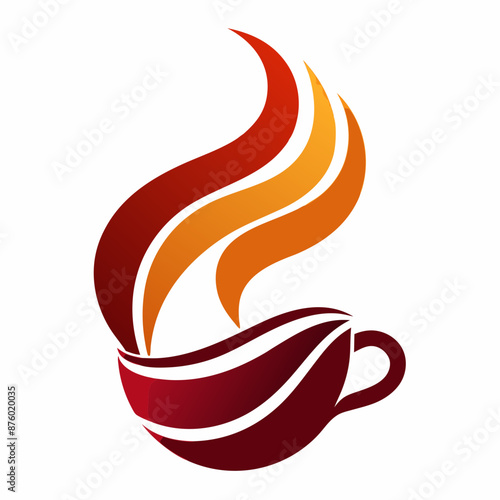 an abstract concept logo for a coffee shop . The design features stylized aromatic waves emanating from a coffee cup, symbolizing the transformative and magical quality of coffee. Use warm orange 