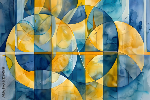 abstract watercolor triptych featuring geometric shapes in vibrant yellow and cool blue fluid textures organic forms blend with precise lines modern galleryworthy composition photo