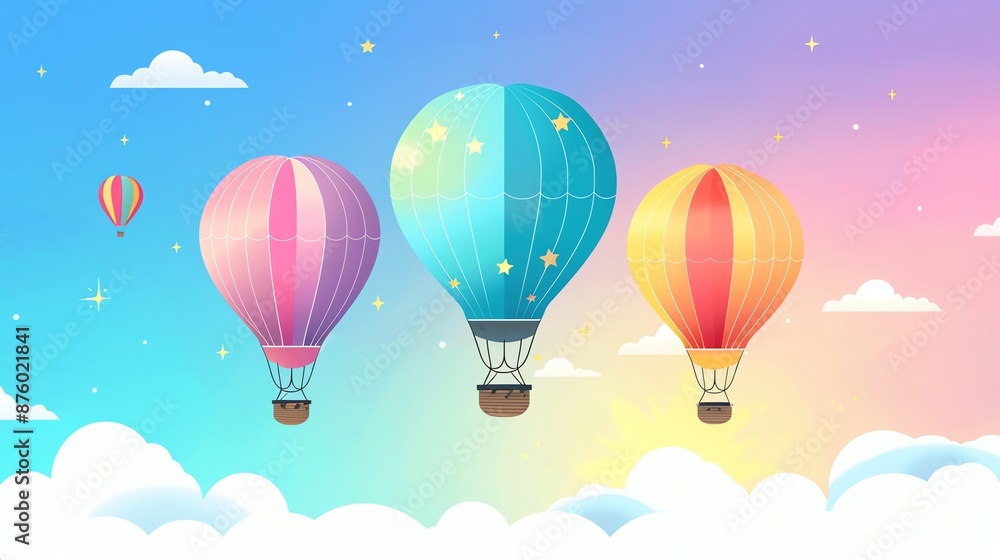 An illustration of hot air balloons floating in the sky with clouds. An illustration of hot air balloons floating in the sky with clouds.