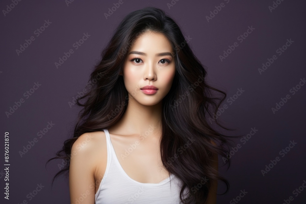 Portrait of a young Asian woman with long black hair wearing a white tank top on a purple background Portrait of a young Asian woman with long black hair wearing a white tank top on a purple background