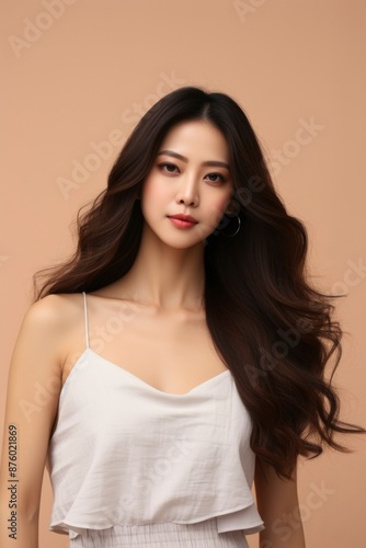 Portrait of a young Asian woman with long, flowing hair wearing a white camisole