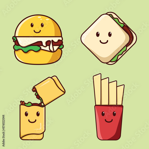 Cartoon fast food meal with burger sandwich burrito and fries Perfect for menu design food blog