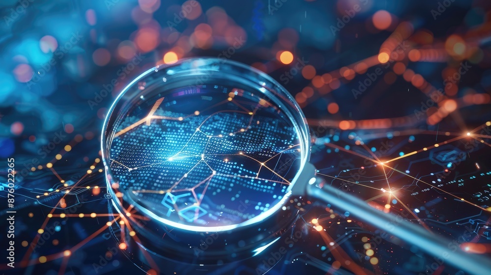 Visual representation of IT Security Risk Assessment: A magnifying glass analyzing a document in a technological atmosphere, symbolizing meticulous inspection and security in digital environments. Visual representation of IT Security Risk Assessment: A magnifying glass analyzing a document in a technological atmosphere, symbolizing meticulous inspection and security in digital environments.