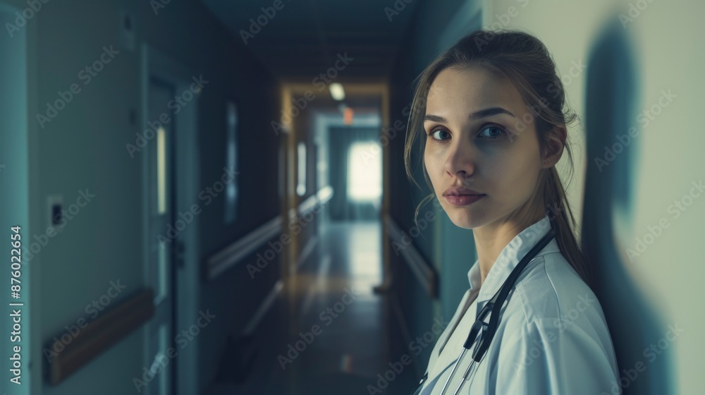 Fototapeta premium A young woman doctor stands in a dimly lit hospital hallway, her expression serious and focused.