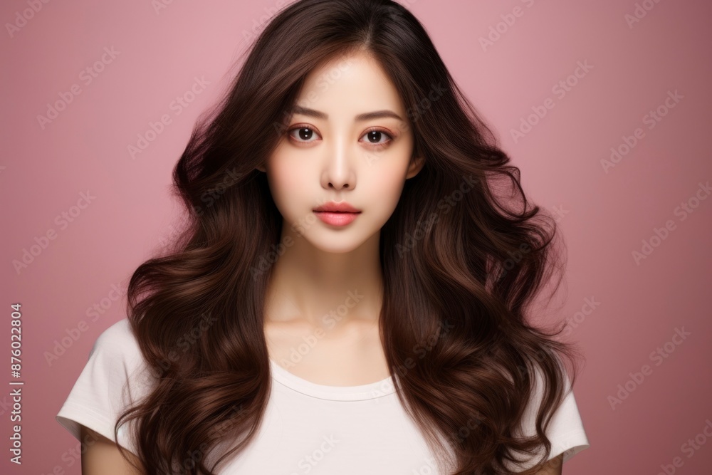 Portrait of a young woman with long, wavy hair wearing a white shirt on a pink background Portrait of a young woman with long, wavy hair wearing a white shirt on a pink background