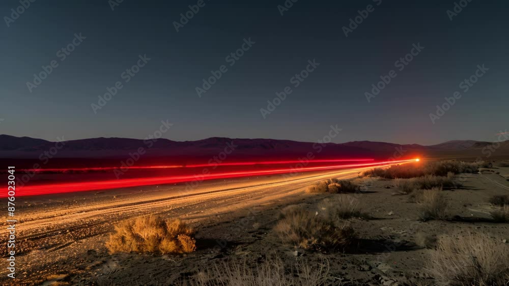 The promise of refreshment and rest awaits at the end of the car light trails that lead to a hidden oasis in the desert. The promise of refreshment and rest awaits at the end of the car light trails that lead to a hidden oasis in the desert.