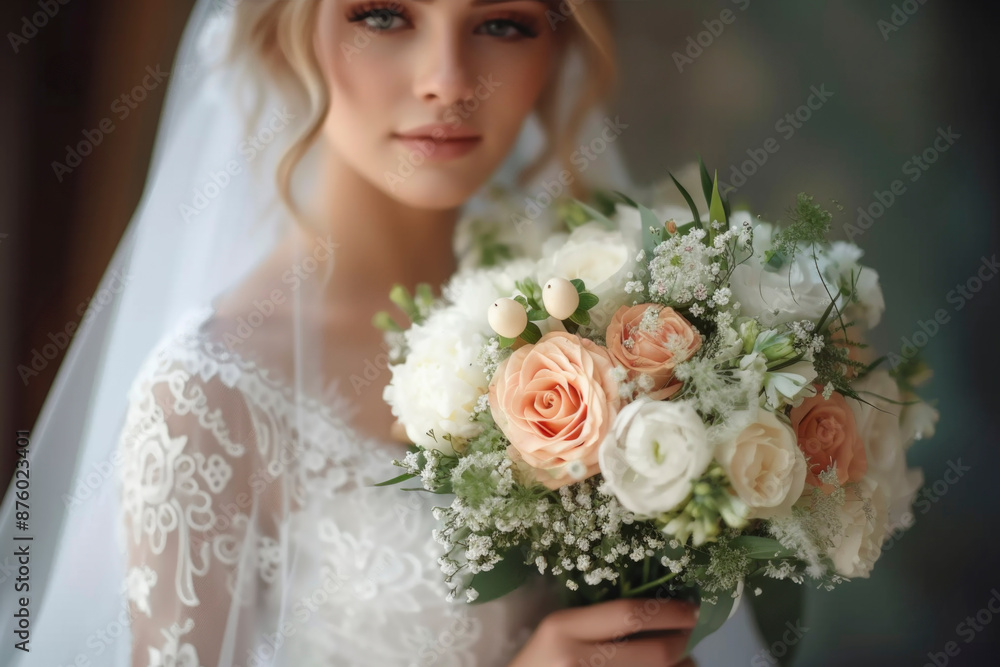 Naklejka premium A bride in a white dress holds a large bouquet of white and peach flowers with green foliage. The flowers are arranged in a beautiful and romantic style.