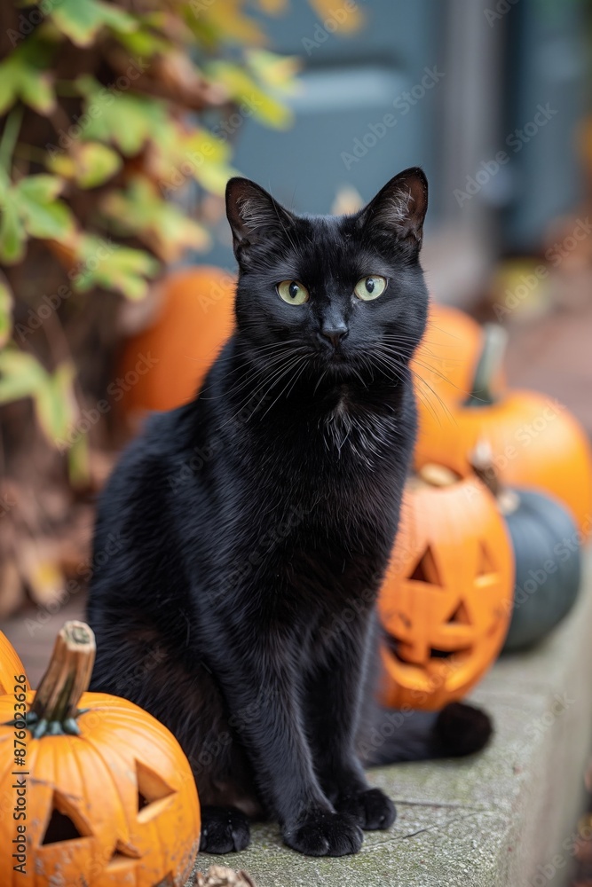 Black cat surrounded by vibrant orange pumpkins, perfect for an autumn setting Black cat surrounded by vibrant orange pumpkins, perfect for an autumn setting