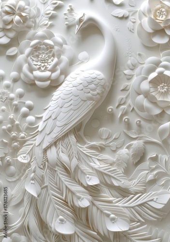 Sculpted in delicate detail in hyperrealism with peacock stucco in a hole of floral white paper art.
