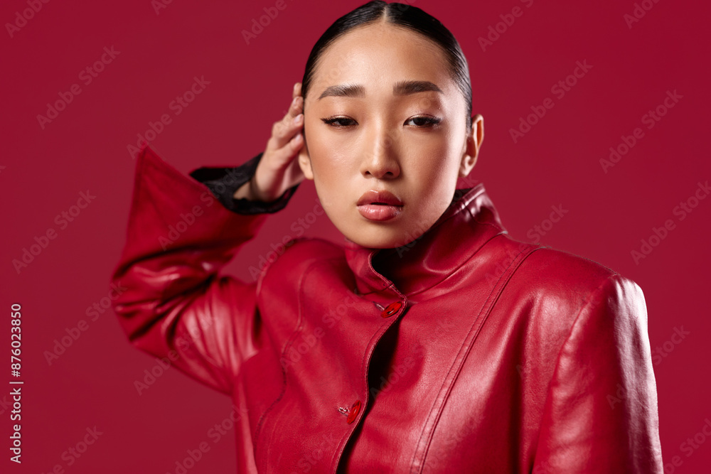 Fashion asian woman in red leather jacket posing with hands on head against red background Fashion asian woman in red leather jacket posing with hands on head against red background