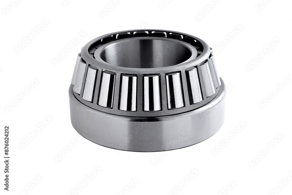 roller cone-shaped bearing on a white background, spare part for cars and mechanisms, close-up selective focus roller cone-shaped bearing on a white background, spare part for cars and mechanisms, close-up selective focus