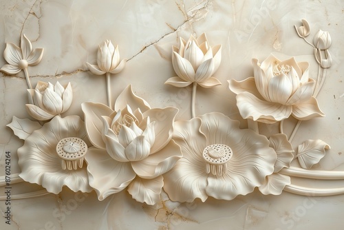 There is a stucco sculpture of lotus flowers on the wall of a bedroom.