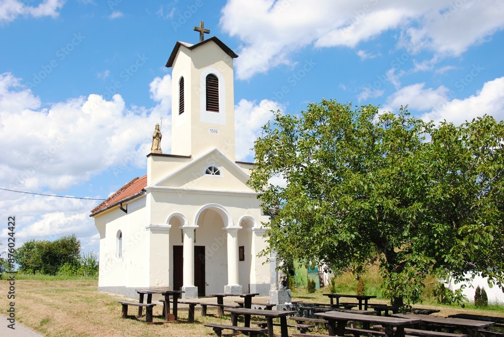 Naklejka premium Walking on the vineyard hill next to Rezi, we visited this chapel built by the vineyard owners in 1886.