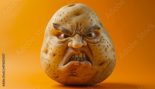 The realistic angry and aggressive human face of a potato on a bright contrasting background.