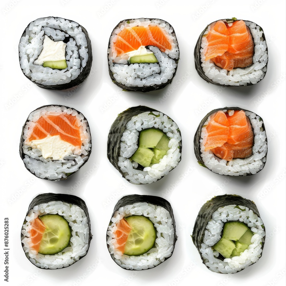 Various Maki Sushi Set Isolated on White Background Top View. Baked Norimaki Rolls Various Maki Sushi Set Isolated on White Background Top View. Baked Norimaki Rolls