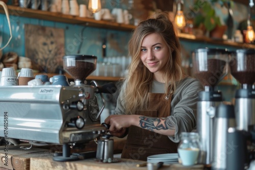 A young woman with blonde hair and a tattoo is making coffee behind the counter in a quaint coffee shop.