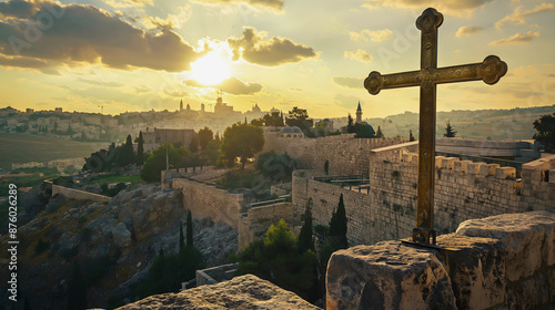 Christian cross and scenery of Jerusalim and Solomon Temple aka Al Aqsa in Israel. photo