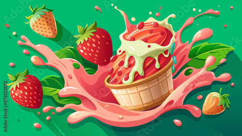 A scoop of ice cream Strawberry Cheesecake jumps into a splash of milk jam, flying through the air. on a dull green background. Advertising photography. 8k super 