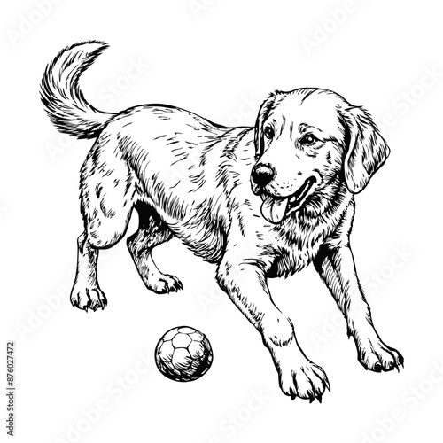 Sketch of a Labrador retriever playing with a ball, side view, on a white background
