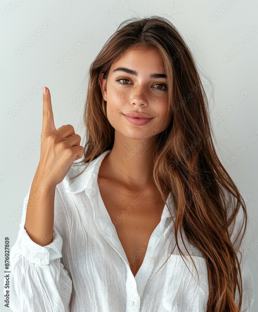 Woman in White Shirt Pointing Up Woman in White Shirt Pointing Up