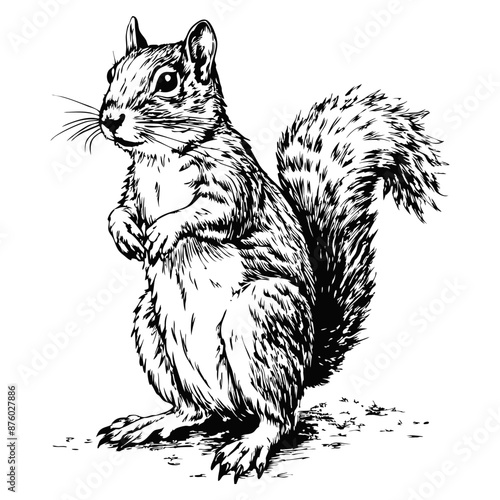 Sketch of a squirrel standing on its hind legs, front view, on a white background