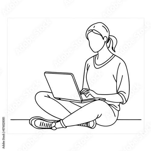 A woman Sitting on the ground and browsing a laptop line art illustration