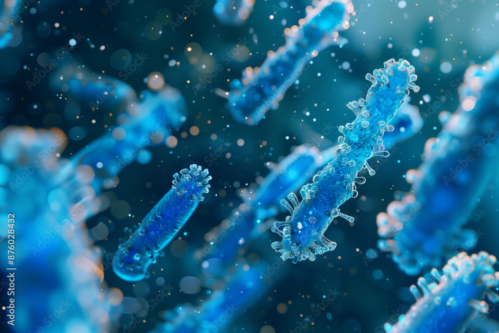 Fototapeta premium A Microscopic Dance of Blue Bacteria in a Sparkling Aquatic Realm