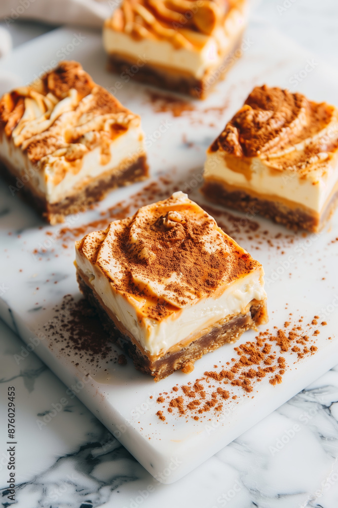 Pumpkin Swirl Cheesecake Bars on Marble Board Pumpkin Swirl Cheesecake Bars on Marble Board