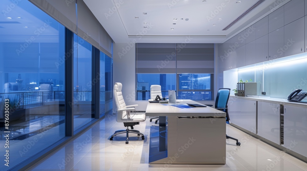 A modern and luxurious office space with sleek furniture, advanced technology, and expansive windows providing a stunning view of the city skyline at dusk A modern and luxurious office space with sleek furniture, advanced technology, and expansive windows providing a stunning view of the city skyline at dusk