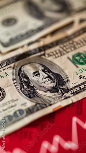 A Red Arrow Descending on a Portrait of Benjamin Franklin, Symbol of a Weakening Dollar