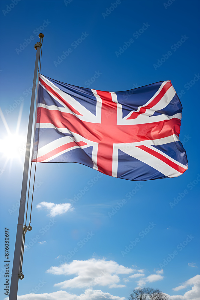 Iconic British Union Jack Flag Fluttering Against Clear Blue Sky - A ...