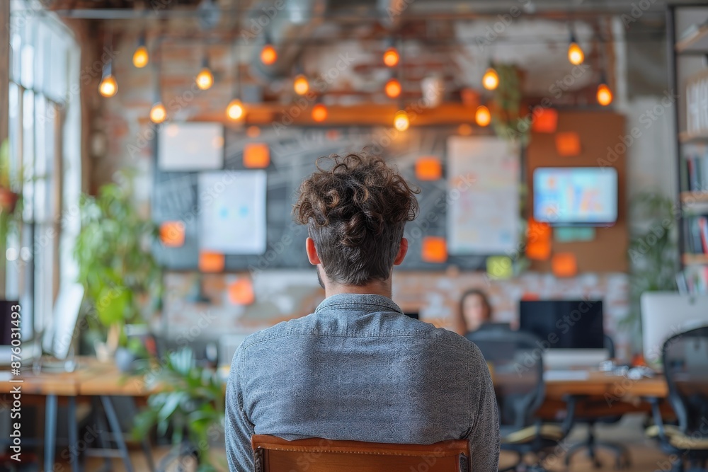 A person is seen from behind in a creatively designed workspace, surrounded by lights, plants, and computers, all contributing to a productive environment.