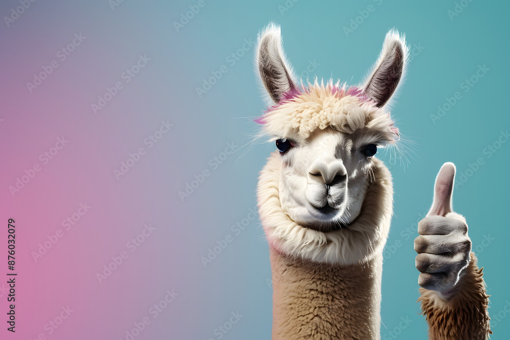 Fototapeta premium Funny alpaca llama, smiling, showing approving thumbs up to appreciate good work or product. Wide banner with copy space side.&nbsp;