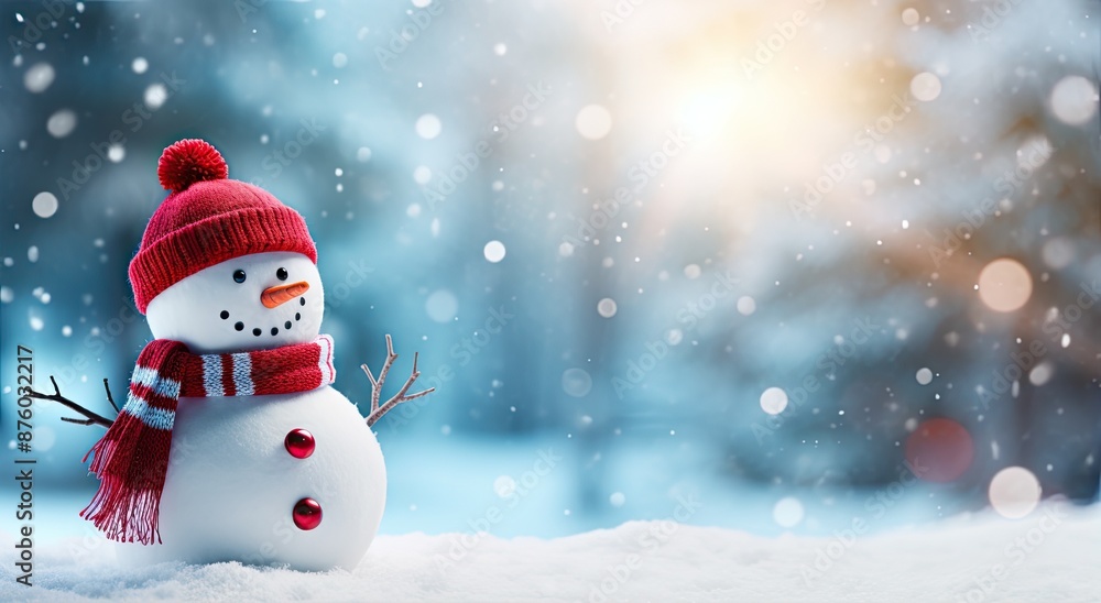 Snowman with red hat and scarf in a winter wonderland setting. Snowman with red hat and scarf in a winter wonderland setting.