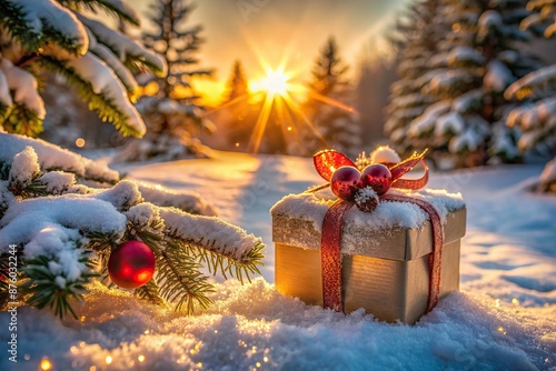 Wrapped present lies in snow-covered outdoor scene at sunset, adorned with festive decorations, capturing essence of children's secret Santa joy and winter wonderland magic. photo