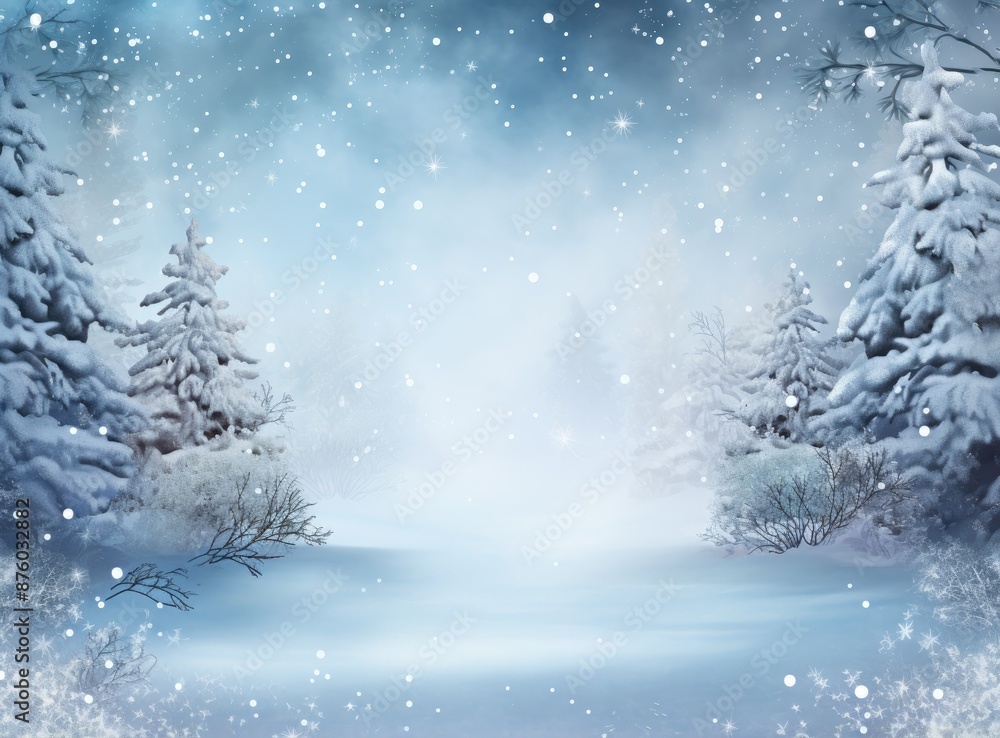 A snowy winter landscape with tall pine trees, a blanket of snow, and a foggy, ethereal atmosphere. A snowy winter landscape with tall pine trees, a blanket of snow, and a foggy, ethereal atmosphere.