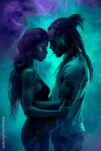 Black couple in love. African american concept. YA paranormal fantasy concept. Darkness with color burst. Mist, smoke, fog. Couple in love. Glowing light. Surreal epic fantasy dystopian love. 